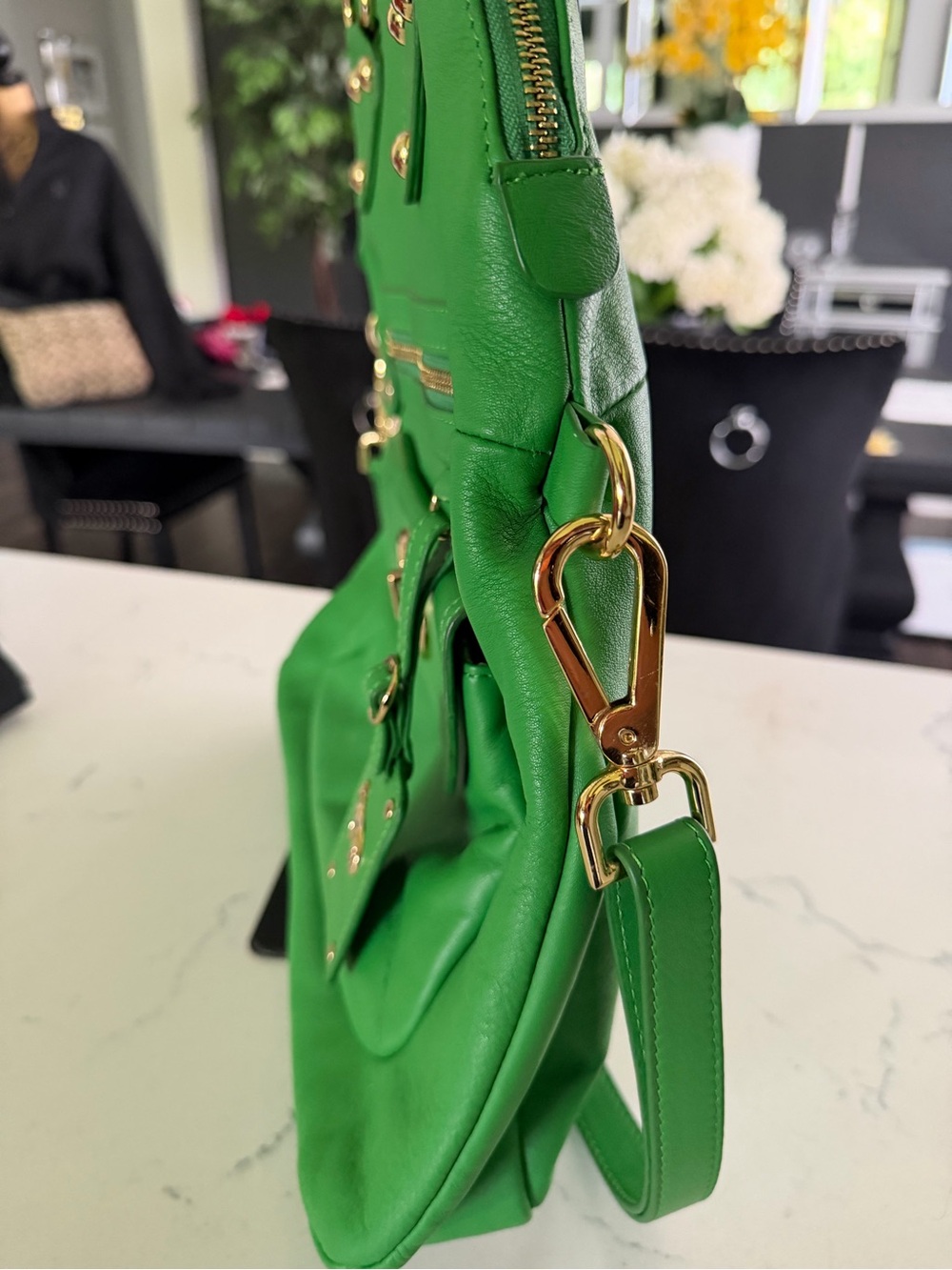 Emma Fox Green Leather Backpack with Gold Hardware - Picture 4 of 9